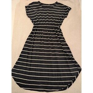 Womens black & White Striped A-line Midi Dress Scalloped Bottom Elastic Waist L